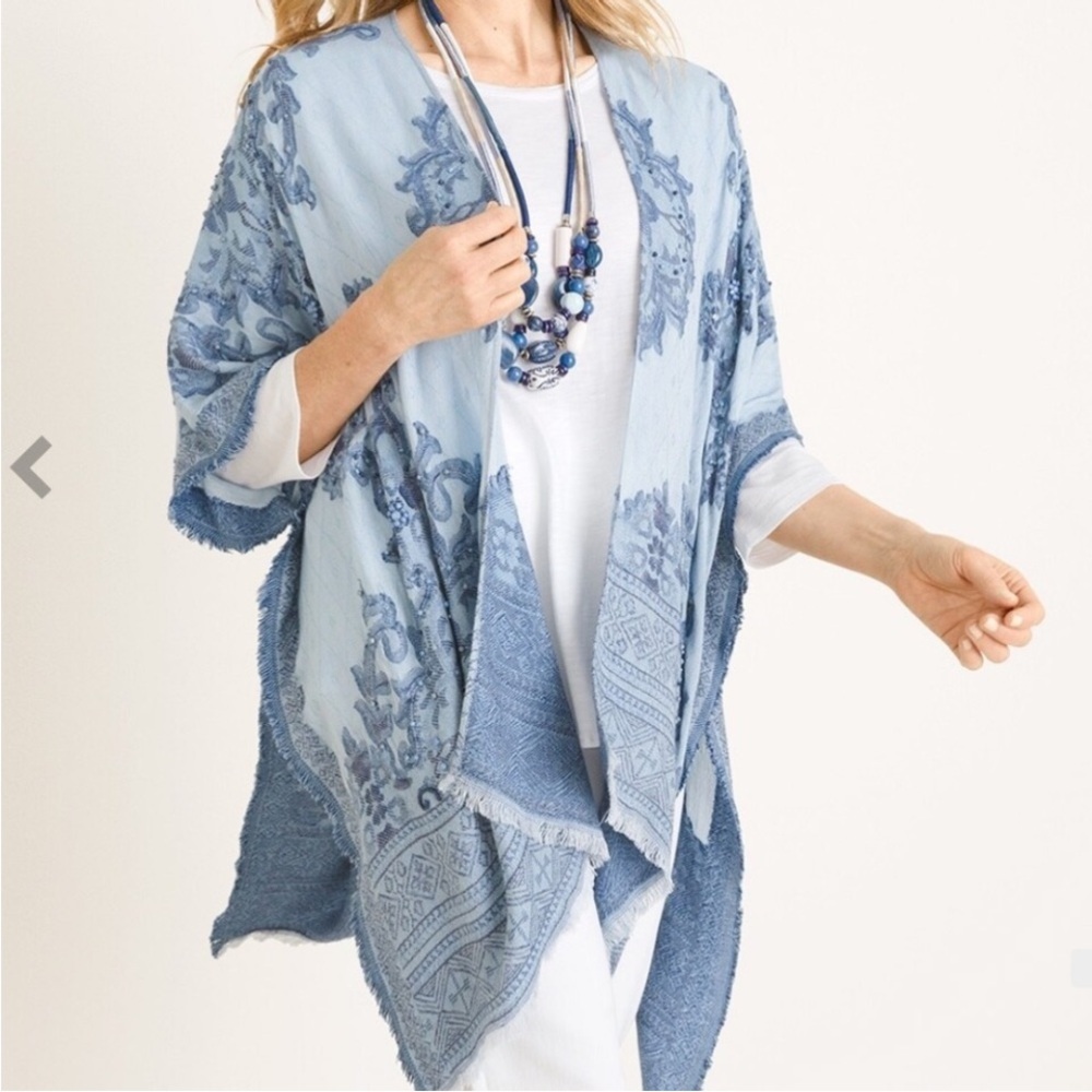 Chico's One Size Kimono Blue Open Cardigan 3/4 Sleeves Embroidered Beaded Sequin - Picture 10 of 10